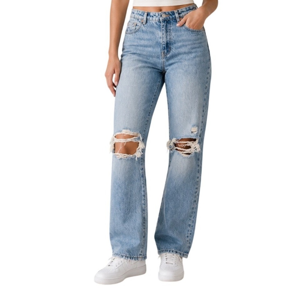 Rollas Light Blue Distressed Original High Rise Straight Denim Jeans Women's 24